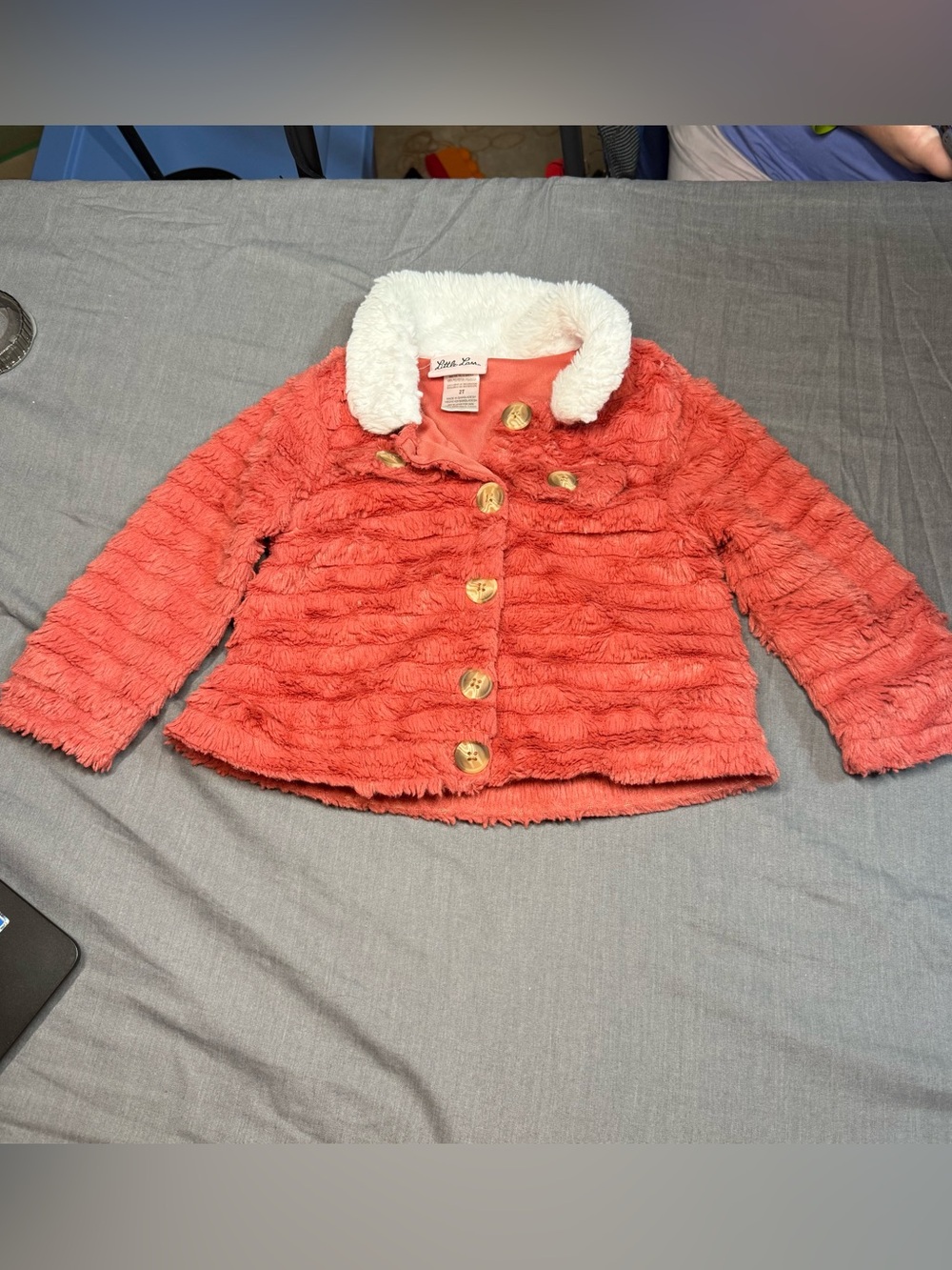 Little Lass Coral Plush Jacket with White Sherpa Collar